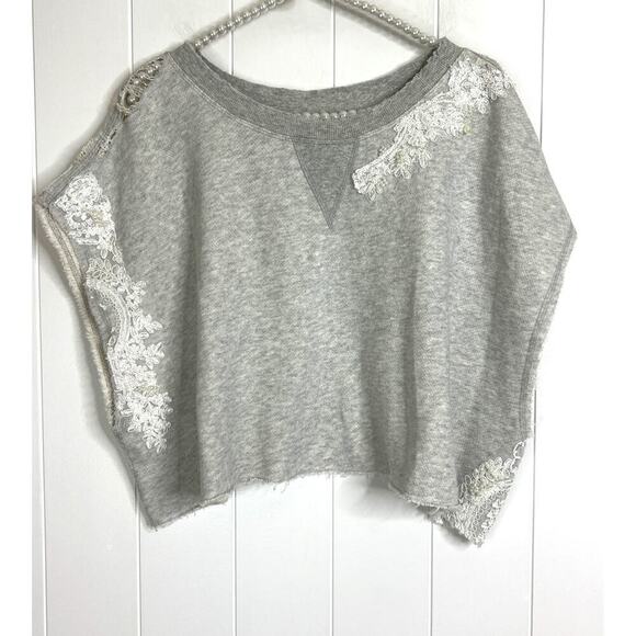 Free People Tops - Free People Cropped Gray Sweatshirt with Bead and Lace Applica Size Large